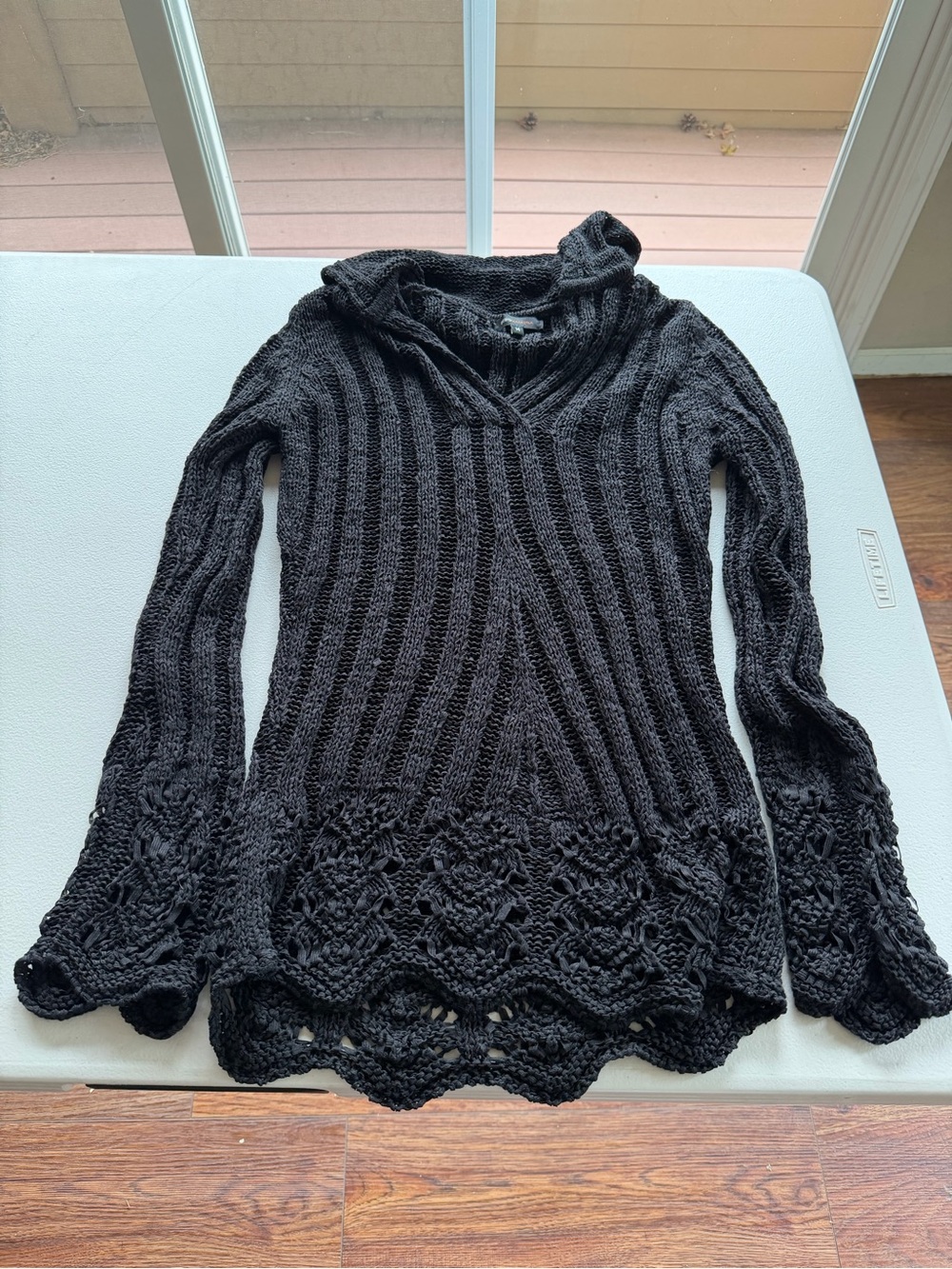 BCBG Max Azria Black Open Knit Hooded Sweater M